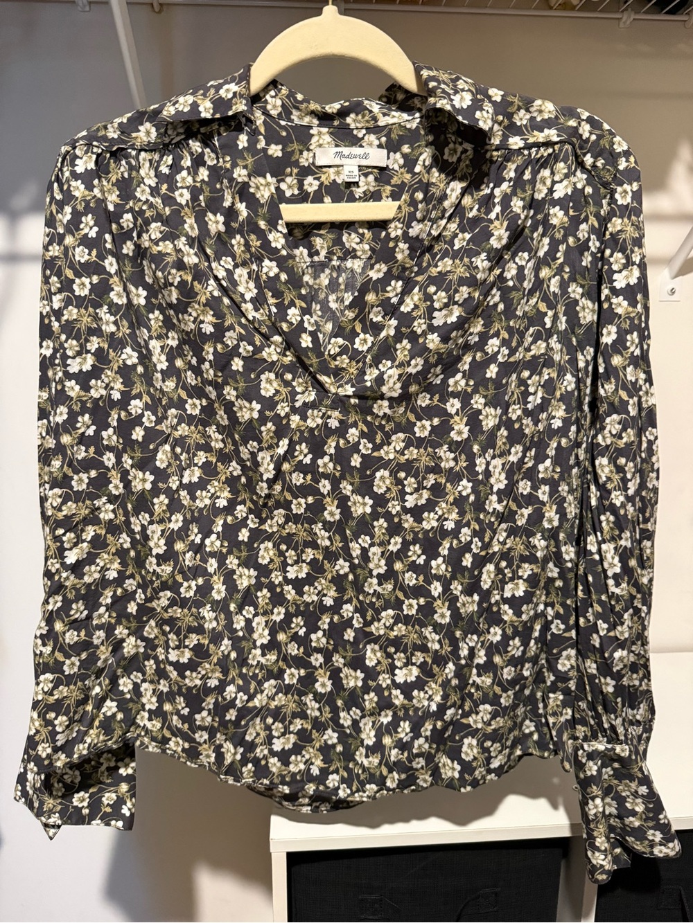 Madewell Black Floral V-Neck Blouse with Cream Blossoms
